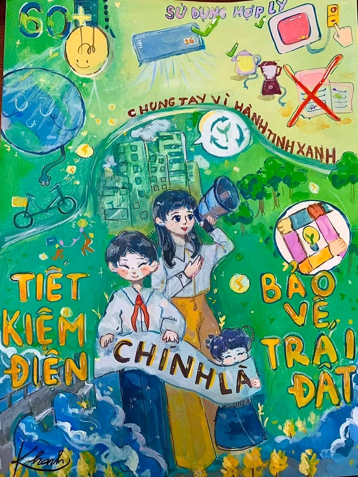 Tác phẩm tranh vẽ tuyên truyền về hoạt động Giờ Trái đất năm 2023 được em Trần Thị Ngọc Khanh, học sinh lớp 10A6, Trường THPT Hải Đảo, con gái chị Tạ Thị Giang - công nhân ngành Điện Quảng Ninh thực hiện.