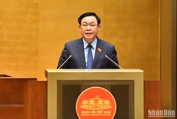 Chủ tịch Quốc hội Vương Đình Huệ phát biểu bế mạc phiên chất vấn và trả lời chất vấn tại Kỳ họp thứ 5, Quốc hội khóa XV. (Ảnh: ĐĂNG KHOA)