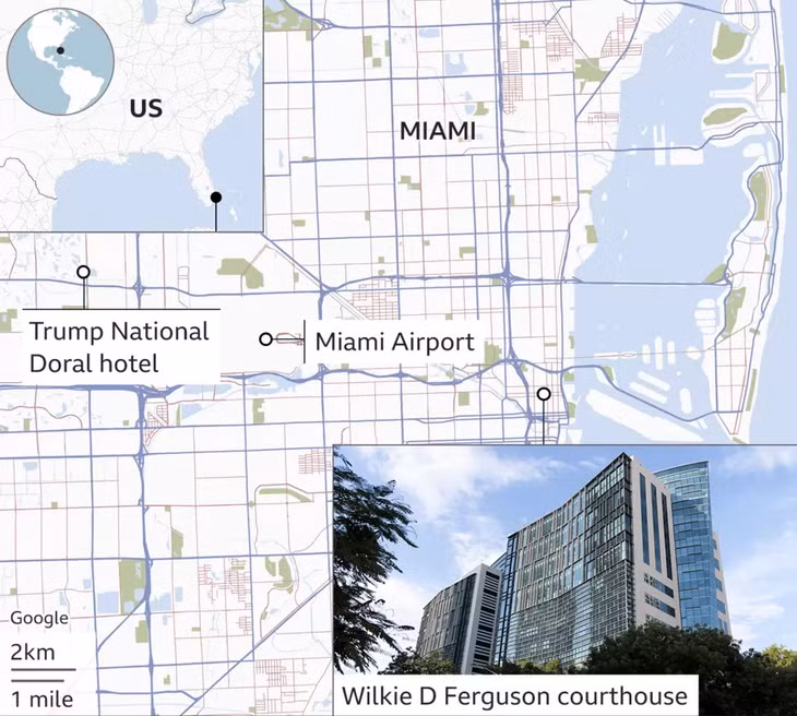 Chính quyền thành phố Miami, bang Florida đã cho tăng cường an ninh xung quanh tòa án, nơi ông Trump sẽ hầu tòa ngày 13/6. Ảnh: BBC
