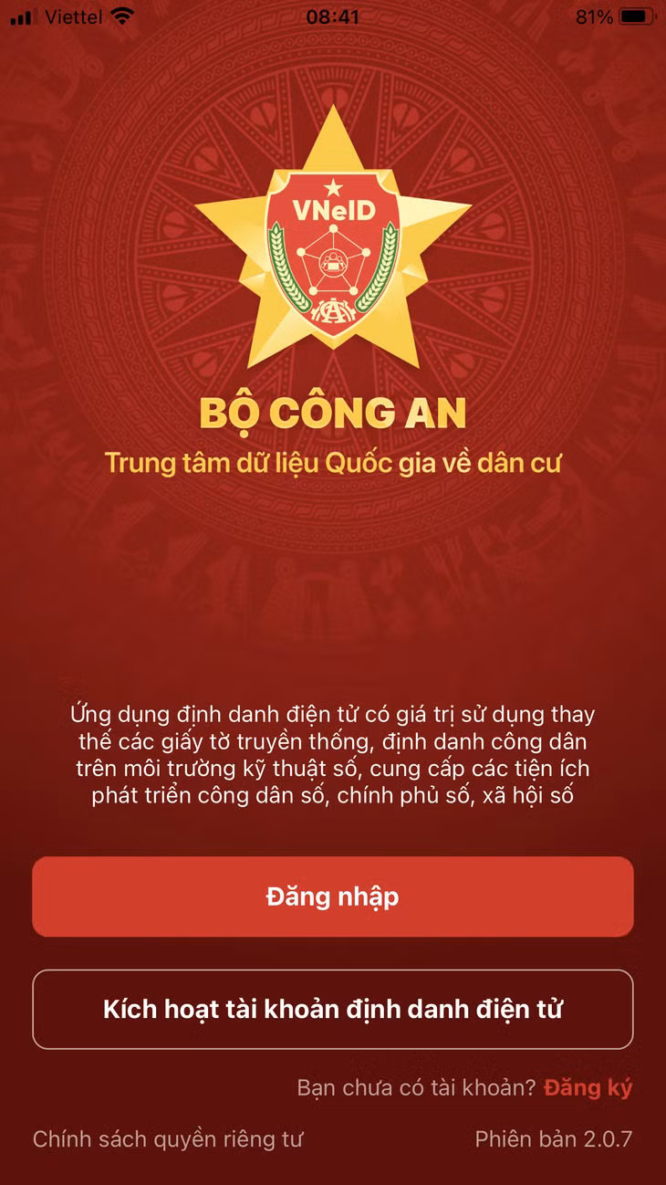 Màn hình đăng nhập ứng dụng VNeID. Ảnh chụp màn hình