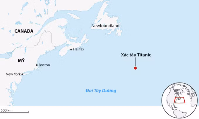 Vị trí xác tàu Titanic trên Đại Tây Dương. Đồ họa: Guardian