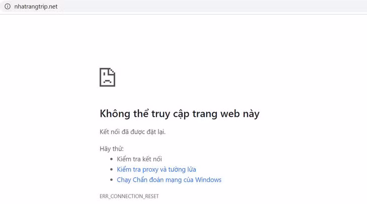 Trang web vi phạm nhatrangtrip.net đã bị các nhà mạng ngăn chặn, theo yêu cầu của Cục An toàn thông tin. Ảnh chụp màn hình.