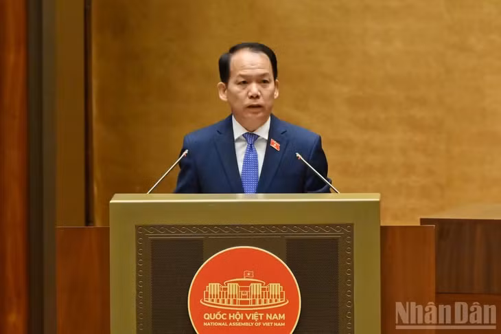 Bộ trưởng Tư pháp Hoàng Thanh Tùng trình bày Tờ trình tóm tắt dự án Luật. (Ảnh: THỦY NGUYÊN)