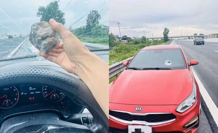 Hình ảnh cục đá và chiếc xe bị ném trúng vỡ kính chắn phía trước.