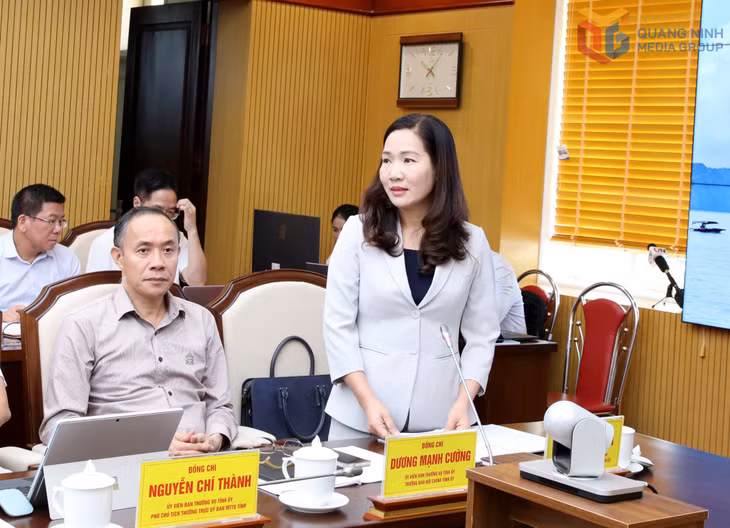 Đồng chí Nguyễn Thị Hạnh, Trưởng Ban Tuyên giáo và Dân vận Tỉnh ủy, báo cáo tại buổi làm việc.