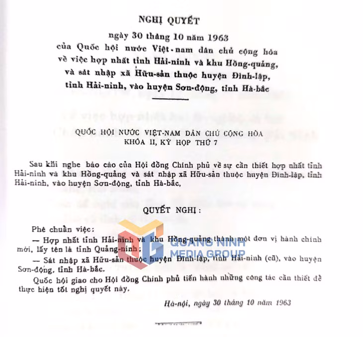 Nghị quyết của Quốc hội khóa II về việc sáp nhập tỉnh Hải Ninh và khu Hồng Quảng thành tỉnh Quảng Ninh, ngày 30-10-1963. Ảnh tư liệu