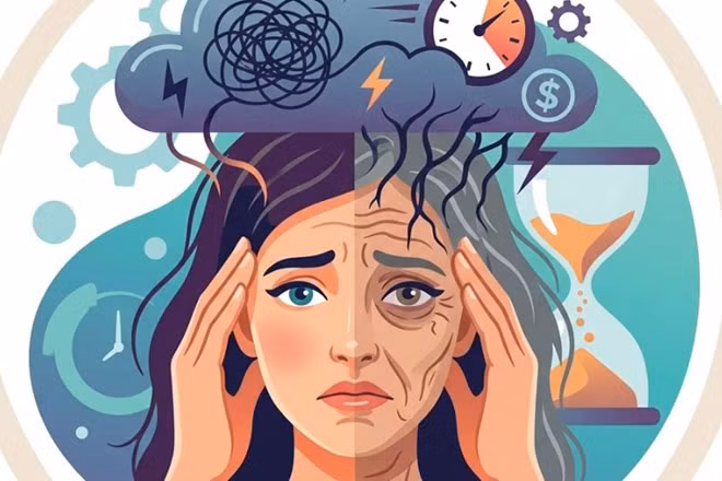 Căng thẳng kéo dài có thể khiến da lão hóa nhanh hơn. Đồ họa: Thiện Nhân