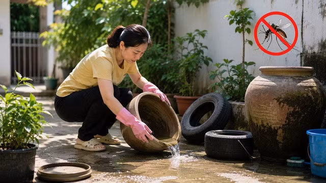 Loại bỏ nơi đọng nước quanh nhà giúp hạn chế muỗi truyền bệnh sốt xuất huyết sinh sản trong mùa hè.