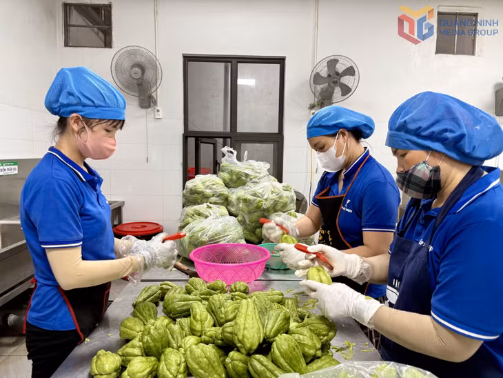 Từ 5h30 sáng công nhân tại Công ty cổ phần TMDV và chế biến thực phẩm Hưng Thịnh tiếp nhận và sơ chế thực phẩm. 