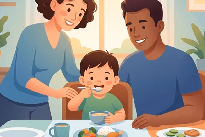 Cha mẹ không nên tạo áp lực hoặc ép buộc trẻ trong bữa ăn. Đồ họa: Thiện Nhân