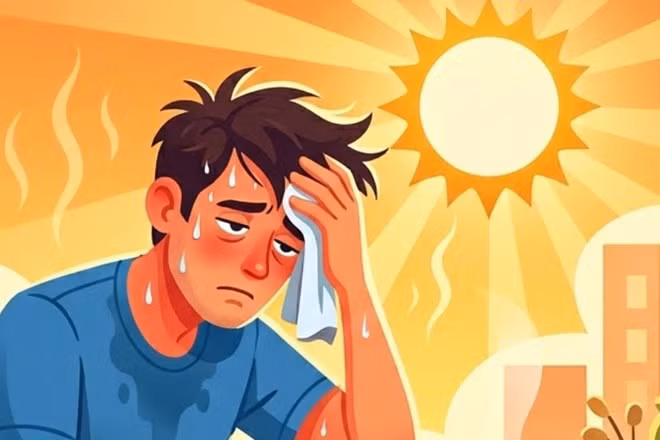 Nắng nóng kéo dài khiến cơ thể dễ mệt mỏi, kiệt sức. Đồ họa: Thiện Nhân