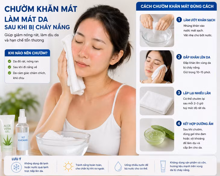 Chườm mát giúp da dịu sau khi tiếp xúc với nắng gắt.