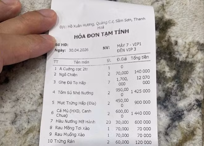 Hóa đơn gây xôn xao về bữa ăn của du khách tại biển Sầm Sơn. Ảnh: Người dân cung cấp
