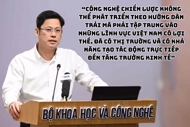 Theo ông Hoàng Anh Tú - Phó Vụ trưởng Vụ Khoa học kỹ thuật và công nghệ (Bộ Khoa học và Công nghệ), công nghệ chiến lược không thể phát triển theo hướng dàn trải mà phải tập trung vào những lĩnh vực Việt Nam có lợi thế, đã có thị trường và có khả năng tạo tác động trực tiếp đến tăng trưởng kinh tế. Đồ họa: Hạo Thiên