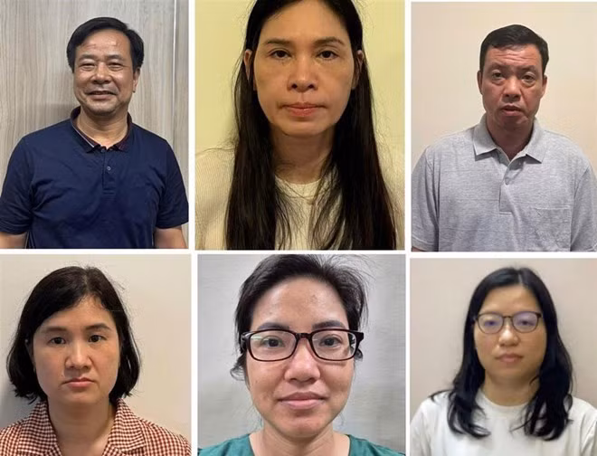 Bị can Nghiêm Quốc Hưng và vợ là Phạm Thị Hạnh (từ trái qua, hàng trên cùng) và 4 người liên quan trong vụ án bị bắt, khởi tố trước đó. Ảnh: Bộ Công an