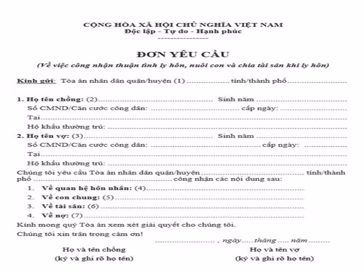 Mẫu đơn xin ly hôn thuận tình hiện nay.