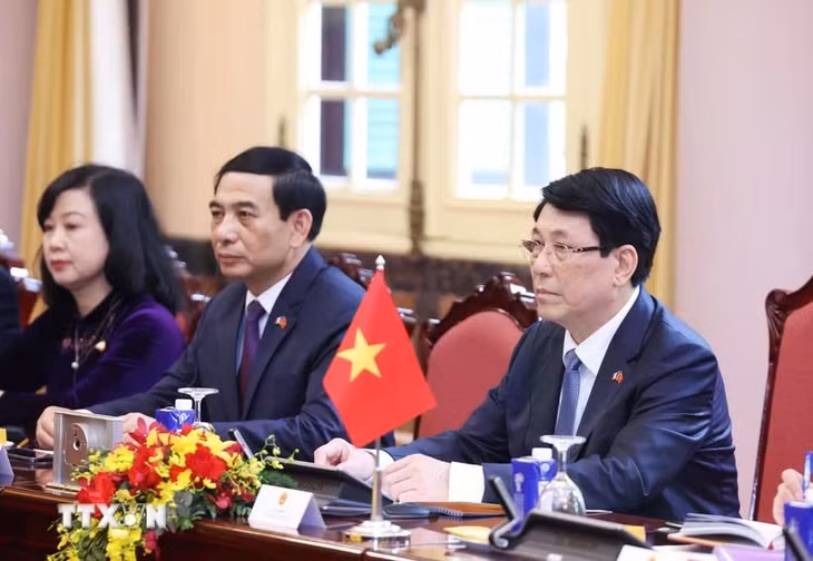 Chủ tịch nước Lương Cường phát biểu tại hội đàm với Tổng thống Pháp Emmanuel Macron. (Ảnh: Lâm Khánh/TTXVN)