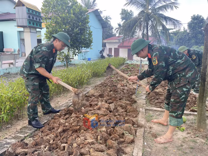 Cán bộ, chiến sĩ Ban CHQS TP Uông Bí chăm sóc vườn rau khu tăng gia sản xuất.