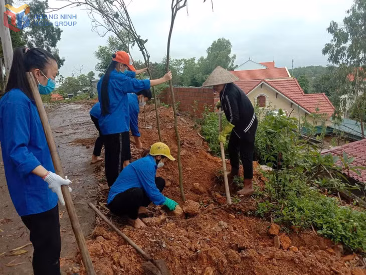 Thanh niên xã Hiệp Hoà trồng cây hai bên đường quanh địa bàn xã.