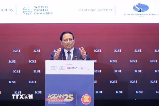 Thủ tướng Phạm Minh Chính phát biểu tại Diễn đàn Lãnh đạo và Đối tác ASEAN. (Ảnh: Dương Giang/TTXVN)