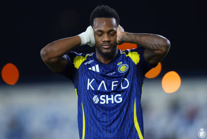 Jhon Duran mừng bàn trong trận Al Nassr thắng Al Okhdood 9-0 ở vòng 31 Saudi Pro League trên sân Prince Hathloul bin Abdulaziz Sports City,Najran, Arab Saudi hôm 12/5. Ảnh: Al Nassr
