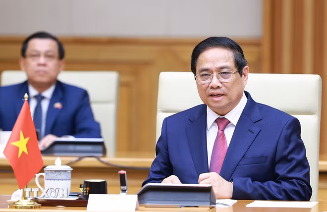Thủ tướng Phạm Minh Chính phát biểu tại Kỳ họp lần thứ 4 Nội các chung Việt Nam-Thái Lan. (Ảnh: Dương Giang-TTXVN)