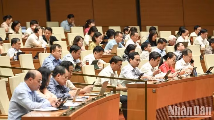 Các đại biểu Quốc hội làm việc tại hội trường. (Ảnh: BÙI GIANG)