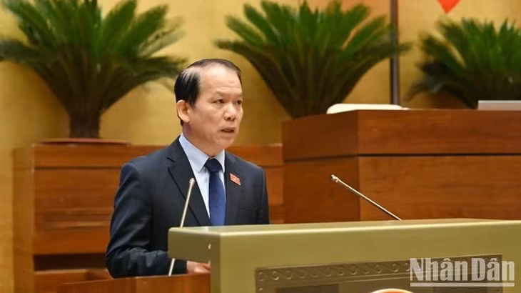 Chủ nhiệm Ủy ban Pháp luật và Tư pháp Hoàng Thanh Tùng trình bày Báo cáo thẩm tra dự án Luật sửa đổi, bổ sung một số điều của Luật Quốc tịch Việt Nam. (Ảnh: THỦY NGUYÊN)