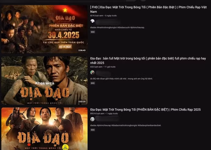Bản chiếu lậu của phim "Địa đạo" tràn lan trên YouTube, hầu hết đã bị gỡ vào sáng 26-5 - Ảnh: LÊ GIANG Chụp màn hình