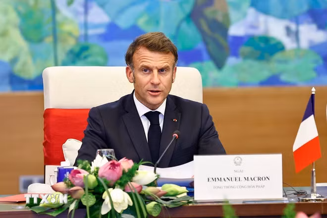 Tổng thống Pháp Emmanuel Macron phát biểu. (Ảnh: Doãn Tấn/TTXVN)