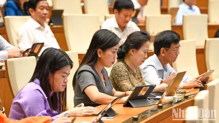 Các đại biểu Quốc hội làm việc tại hội trường. (Ảnh: BÙI GIANG)