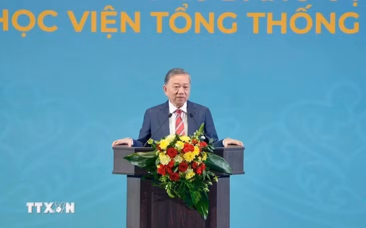 Tổng Bí thư Tô Lâm phát biểu Chính sách tại Học viện Tổng thống Nga. (Ảnh: TTXVN phát)