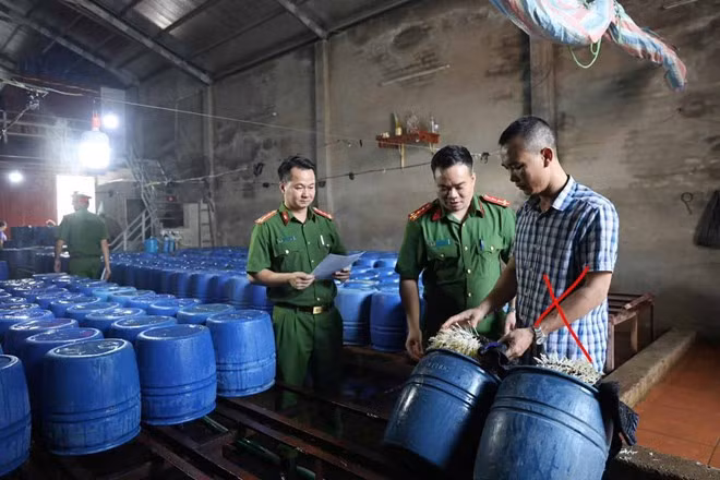 Đối tượng Nguyễn Văn Tân (áo kẻ) - chủ cơ sở sản xuất 60 tấn giá đỗ ngậm hóa chất. Ảnh: Công an Bắc Giang