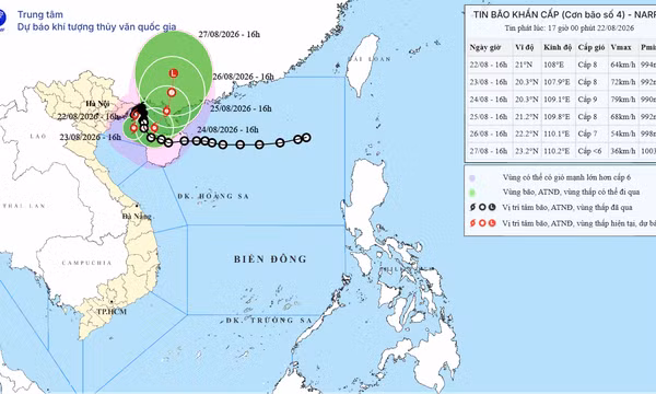Tin bão khẩn cấp (Cơn bão số 4) - Bản tin phát lúc 17h ngày 22/8