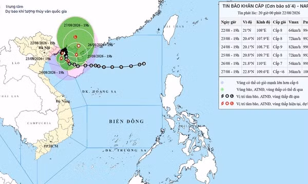 Tin bão khẩn cấp (Cơn bão số 4) - Bản tin phát lúc 20h ngày 22/8