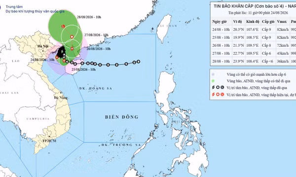 Tin bão khẩn cấp (Cơn bão số 4) - Bản tin phát lúc 11h ngày 24/8