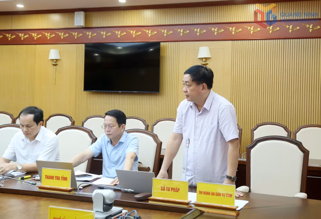 Đồng chí Mai Vũ Tuấn, Giám đốc Sở Tư pháp phát biểu tại hội nghị.