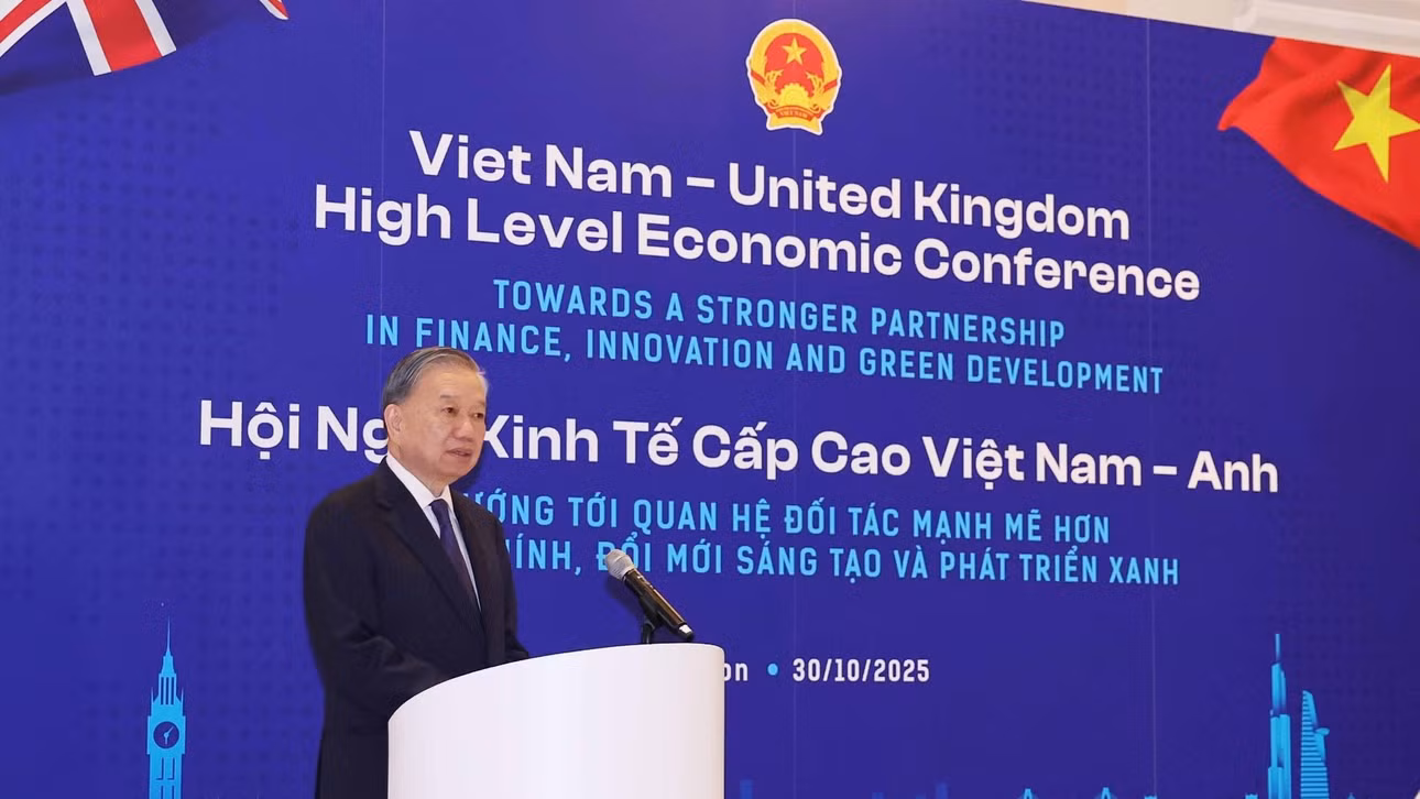Tổng Bí thư Tô Lâm phát biểu tại Hội nghị Kinh tế Cấp cao Việt Nam-Anh. (Ảnh: THỐNG NHẤT/TTXVN)