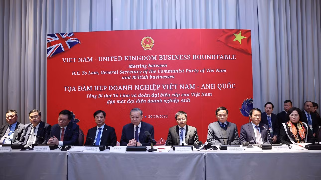 Tổng Bí thư Tô Lâm dự Toạ đàm doanh nghiệp Việt Nam-Anh quốc. (Ảnh: Thống Nhất/TTXVN)