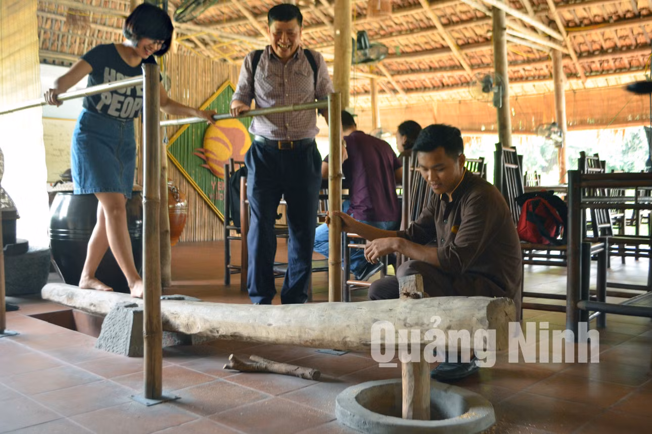 Du khách trải nghiệm làm nghề nông truyền thống tại khu Du lịch làng quê Yên Đức (11-2017). Ảnh: Vạn Thảo