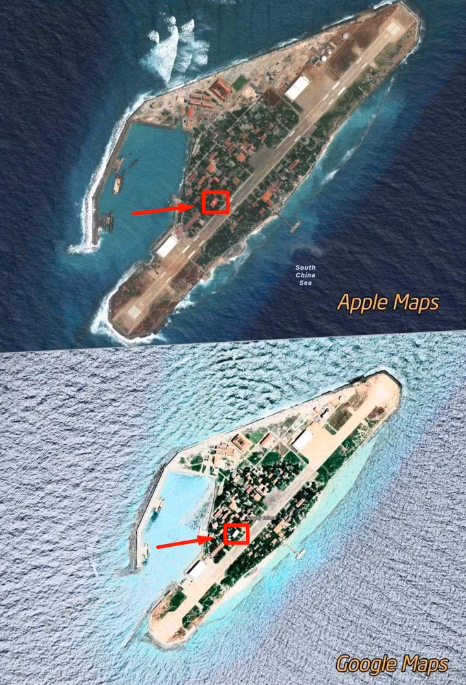 Sự khác biệt giữa ảnh chụp vệ tinh của Google Maps và Apple Maps tại vị trí đảo Trường Sa Lớn.