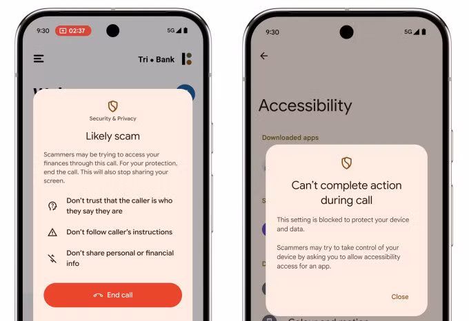Giao diện một số tính năng phát hiện lừa đảo trên điện thoại Android. Ảnh: Google