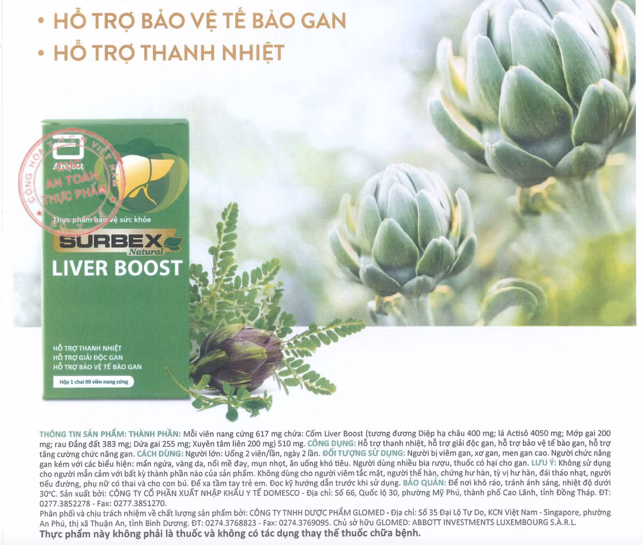 Hình ảnh nội dung quảng cáo về sản phẩm Subrex® Natural liver boost được Cục An toàn thực phẩm phê duyệt. Ảnh chụp màn hình