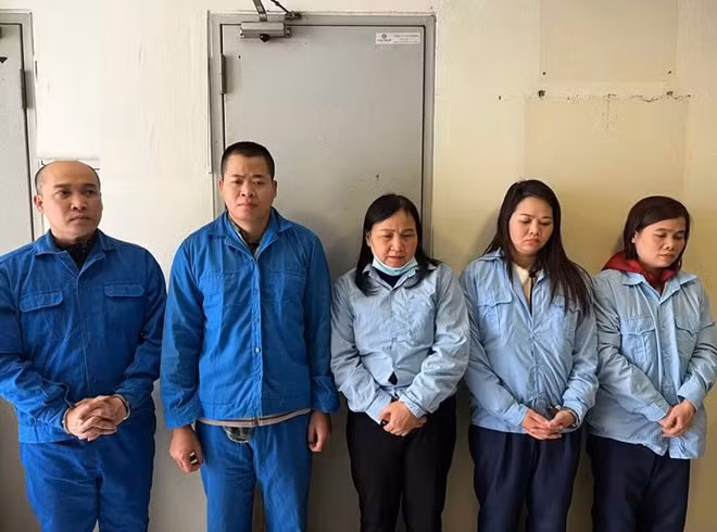 Các đối tượng Đỗ Doãn Tiến, Đỗ Đình Long, Nguyễn Thị Huy, Bùi Lan Anh và Nguyễn Thị Bích (từ trái qua) trong vụ án "Nhận hối lộ, Môi giới hối lộ". Ảnh: Công an TP Hà Nội