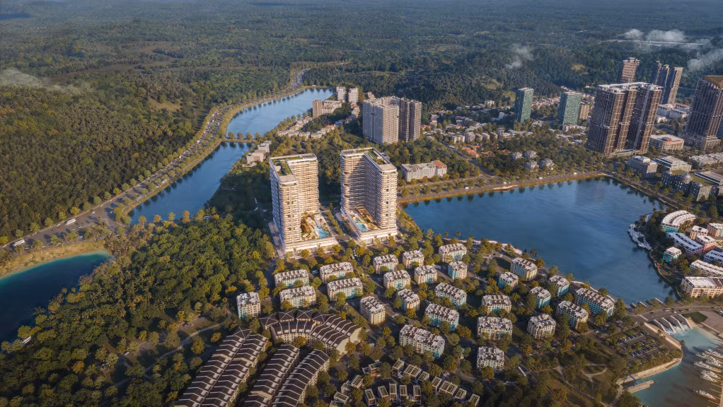 Tòa tháp đôi trước vịnh Prima Bay tọa lạc tại mặt tiền đại lộ Hoàng Quốc Việt, cửa ngõ Khu đô thị Halong Marina.