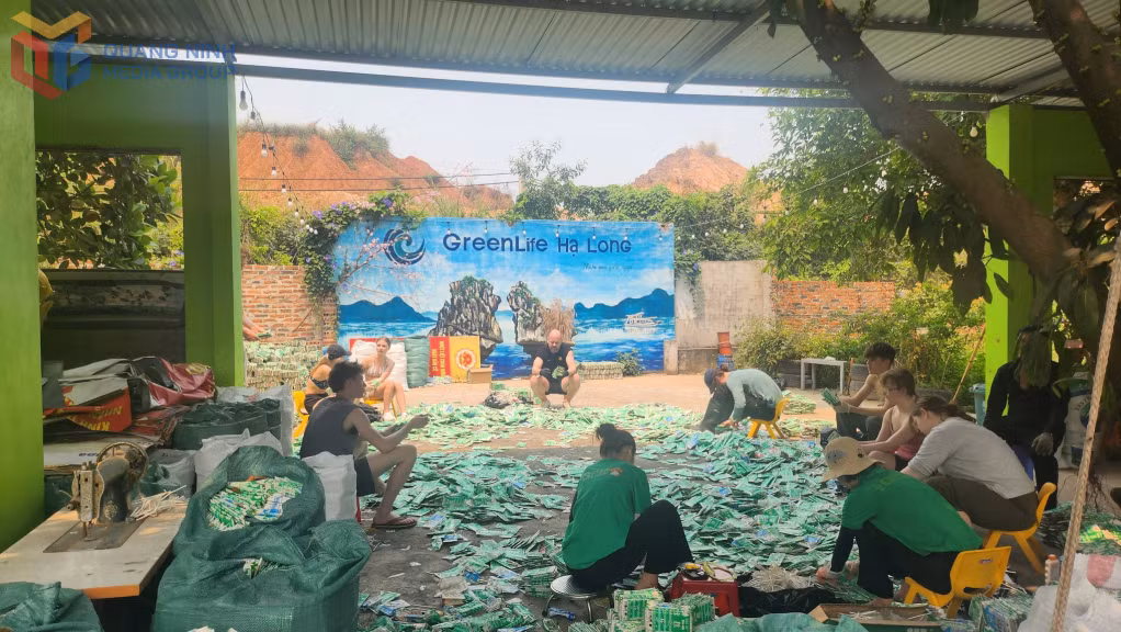 Nhóm học sinh đến từ Anh quốc tham gia đóng gói hàng tấn vỏ hộp sữa sau chương trình sữa uống tại trường học.
