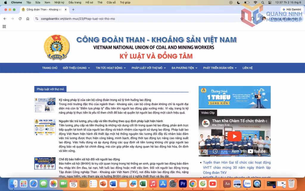 Giao diện trang web của Công đoàn TKV.