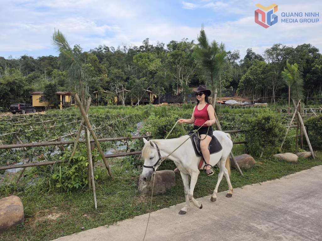 Du khách thích thú với trải nghiệm tại mô hình du lịch rừng Am Vát farm, thôn Khe Phương, xã Kỳ Thượng.