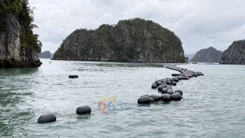 Những giàn nuôi hàu của người dân vừa mới chuyển đổi sang vật liệu quy chuẩn HDPE bị sóng, gió đánh cuộn thành từng mảng trôi dạt trên biển vào các gành núi đá.