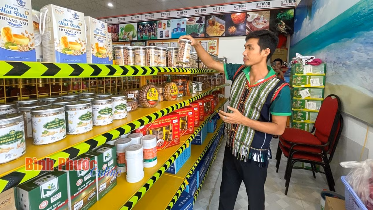 Bình Phước có nhiều hoạt động hỗ trợ các chủ thể OCOP quảng bá sản phẩm, mở rộng kênh tiêu thụ và bán hàng trên các sàn thương mại điện tử. Trong ảnh: Sản phẩm OCOP Bình Phước đạt chứng nhận từ 3 đến 5 sao trưng bày tại cửa hàng S’tiêng Farm (TP. Đồng Xoài)